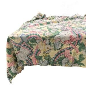 Vintage Tablecloth Easter Bunnies Flowers Spring Eggs Chickadees 54x63”